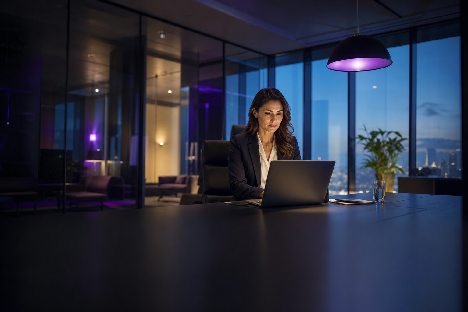 An HR manager configuring policies at a sleek desk in a premium office