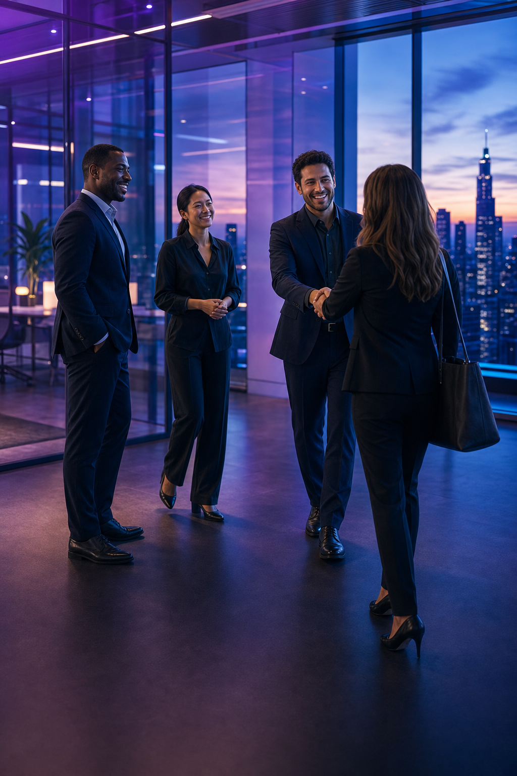 A team welcoming a new colleague in a modern glass-walled office